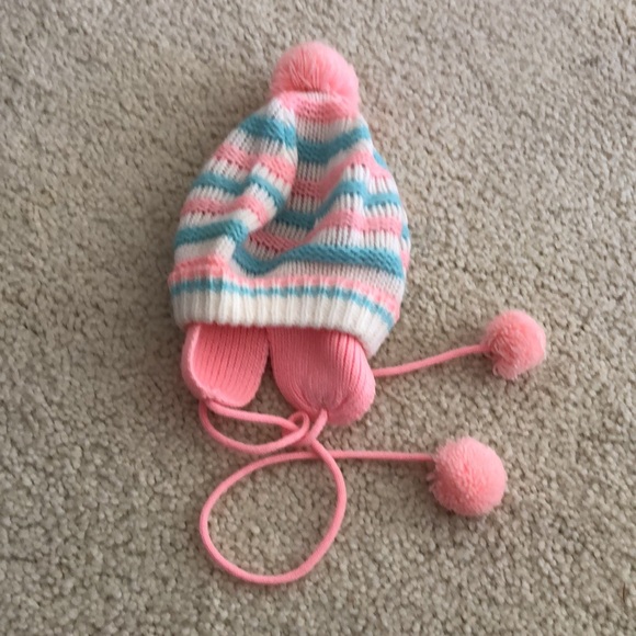 NWOT BABY KNIT HAT ear flaps and pom pom tie pink  white blue 0-3 months - Picture 10 of 12